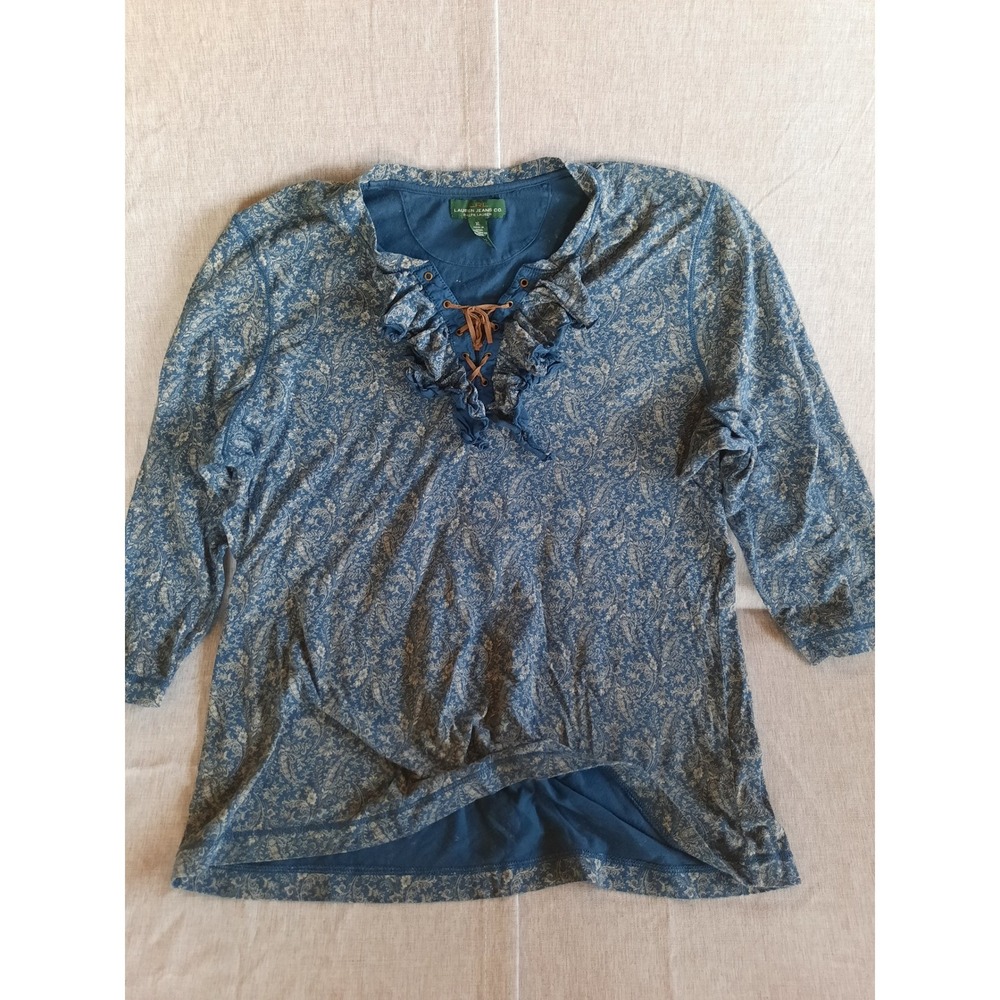 Lauren Ralph Lauren Womens XL Ruffle Drawstring Paisley Blouse 3/4 Sleeve Cotton